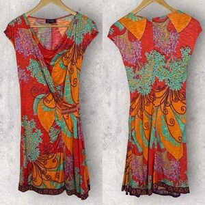 HaleBob Y2K Print Red Orange Beaded Midi Dress Size XS Orange Drape‎ Boho 90s